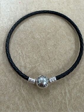 Pandora Black Braided Leather Bracelet Silver Logo Clasp 8 inches new no box